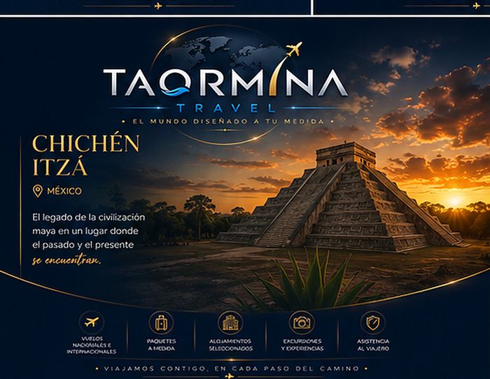 Placa promocional de Taormina Travel: Chichén Itzá, México — una joya de la cultura maya