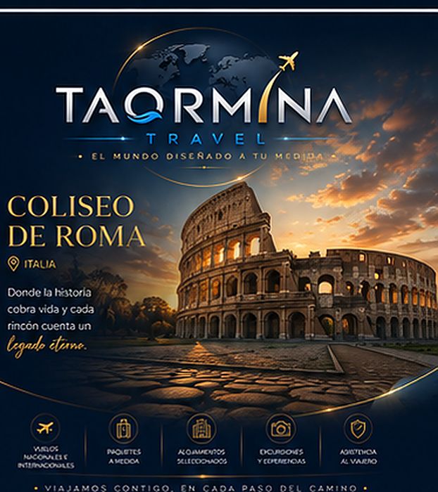 Placa promocional de Taormina Travel: Coliseo de Roma, Italia — un ícono eterno de la historia