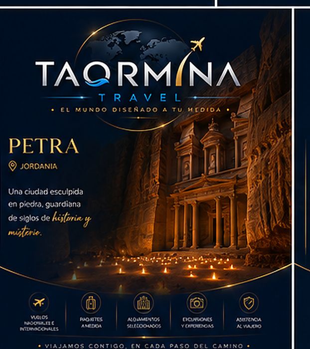 Placa promocional de Taormina Travel: Petra, Jordania — una ciudad tallada en historia